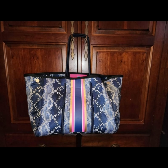 Handbags - Neoprene Blue Snake Print Tote Bag with Stripes